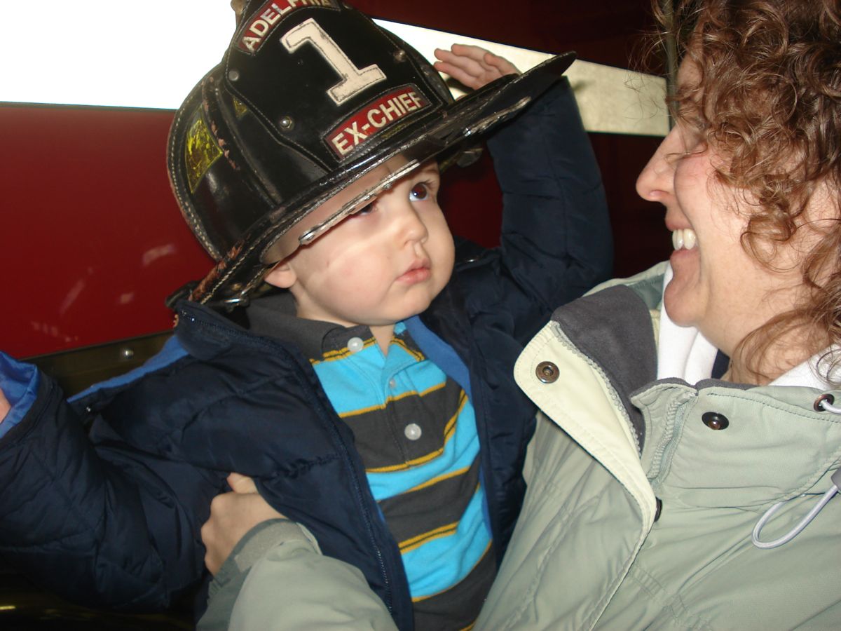 Evan wearing Uncle Harry\'s helmet