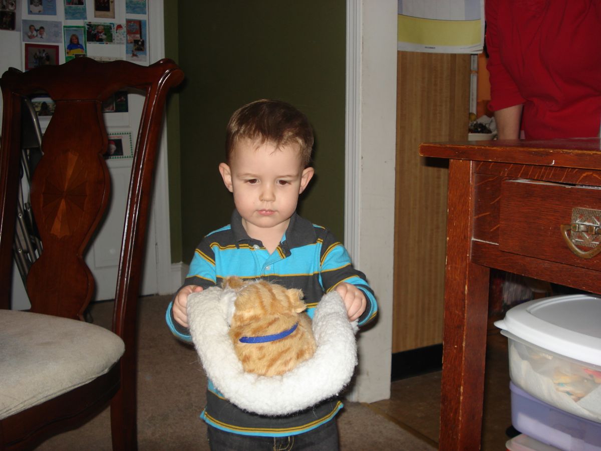 Evan and the fake cat (pre-firehouse fun)