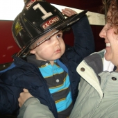 Evan wearing Uncle Harry\'s helmet