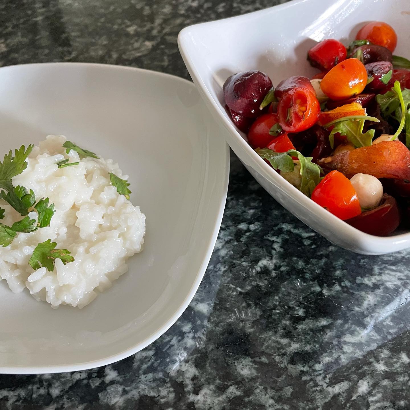 My new obsessions: Coconut rice with a peach/cherry/arugula/mozzarella/tomato salad