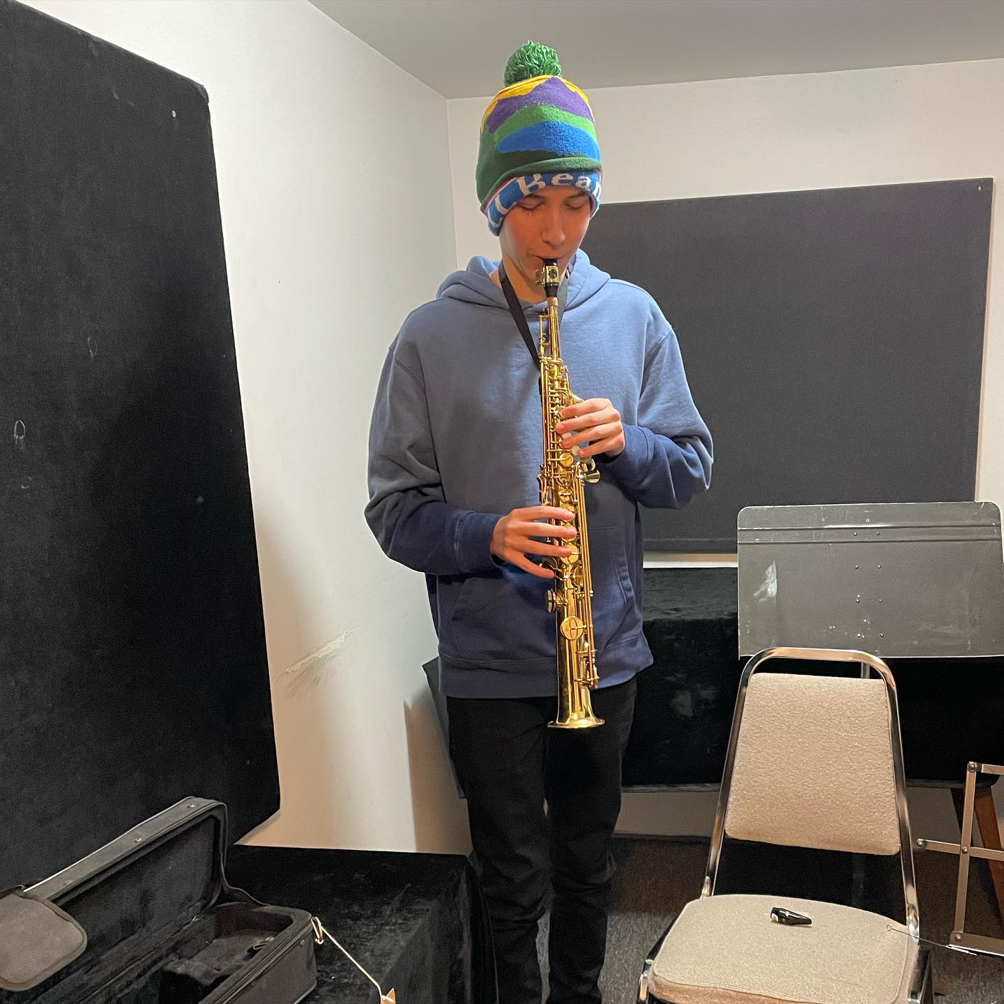 Evan trying out his new soprano saxophone